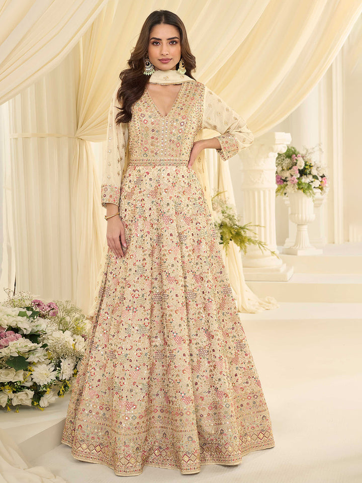 Off White Embroidered Georgette Gown With Dupatta