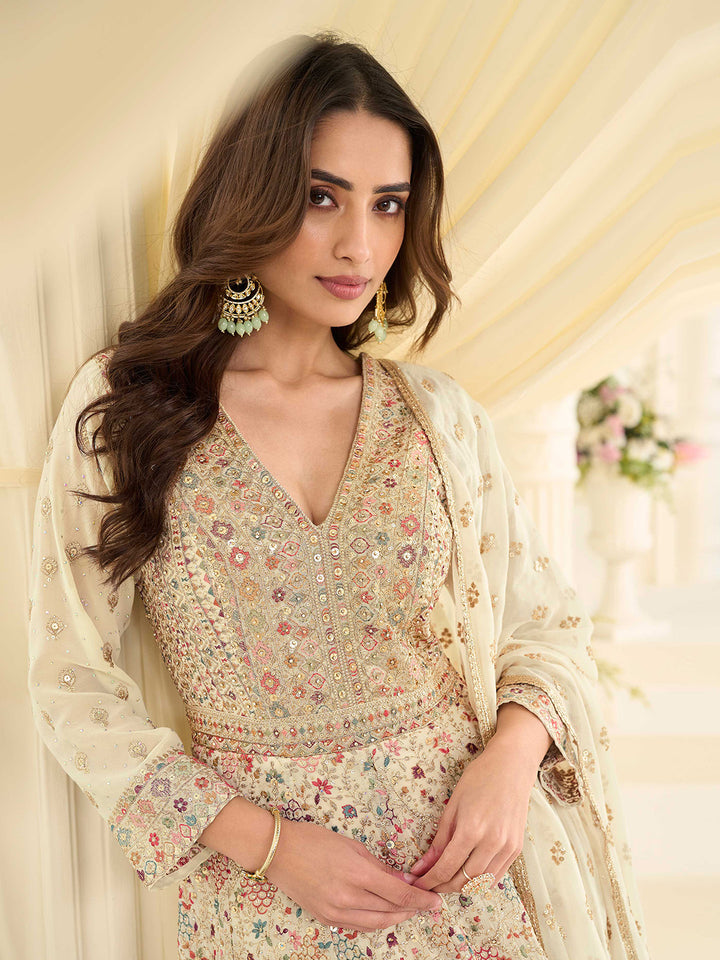 Off White Embroidered Georgette Gown With Dupatta