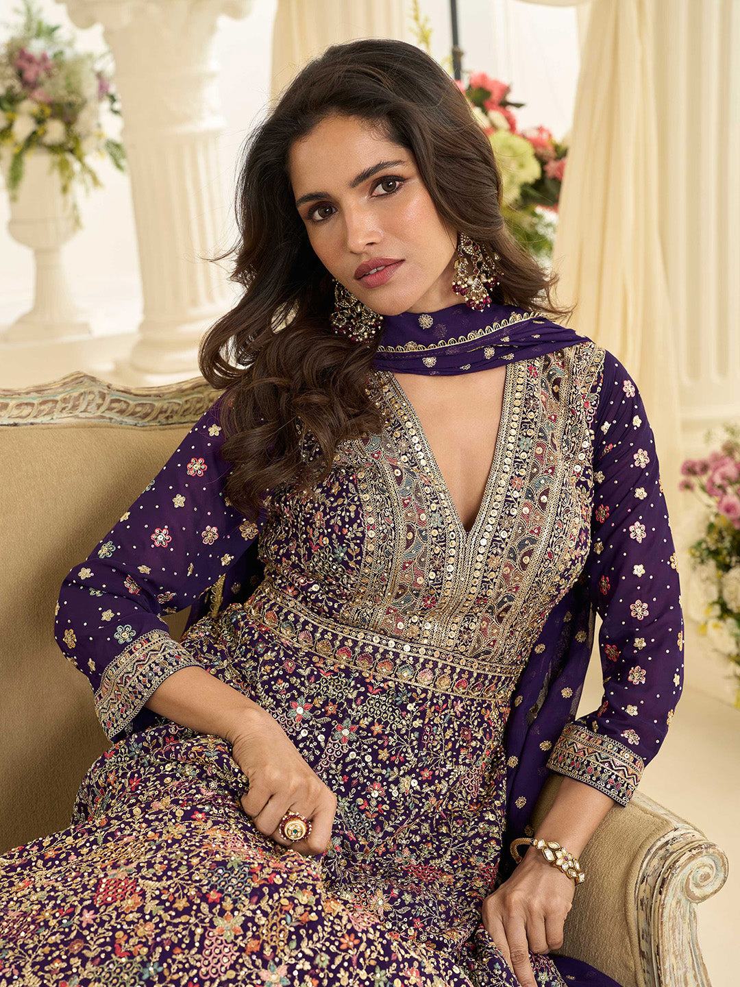 Purple Embroidered Georgette Gown With Dupatta