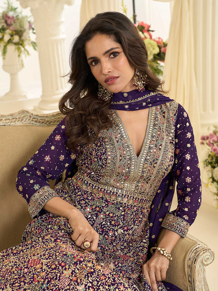 Purple Embroidered Georgette Gown With Dupatta