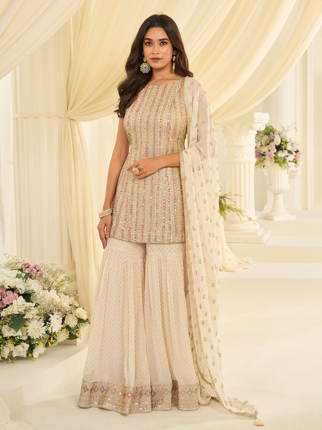 Cream Embroidered Georgette Kurta Sharara Dupatta