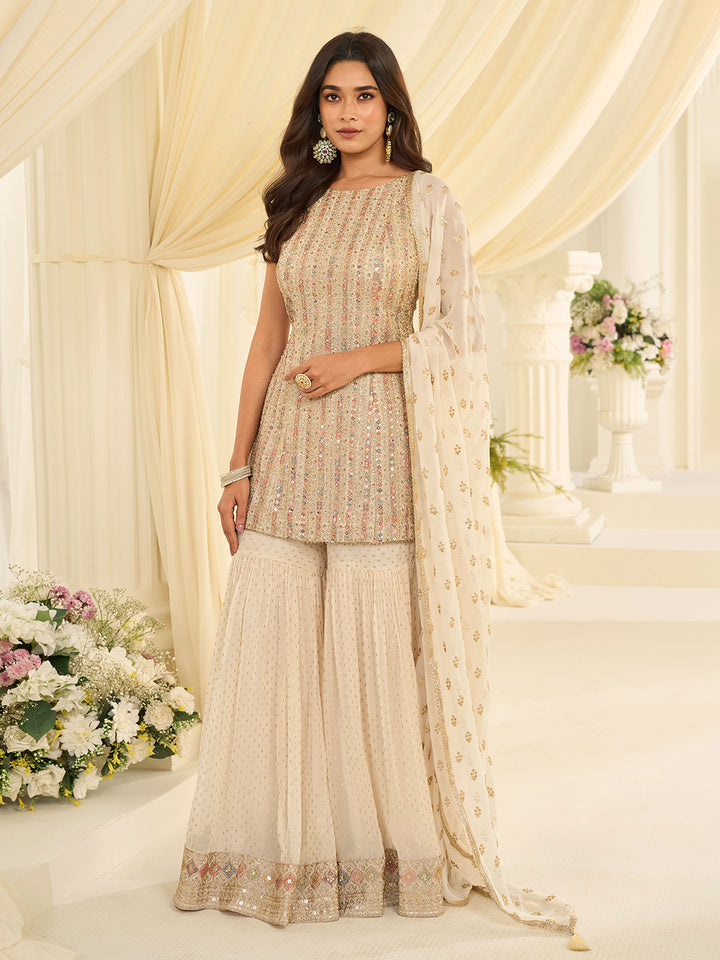 Cream Embroidered Georgette Kurta Sharara Dupatta