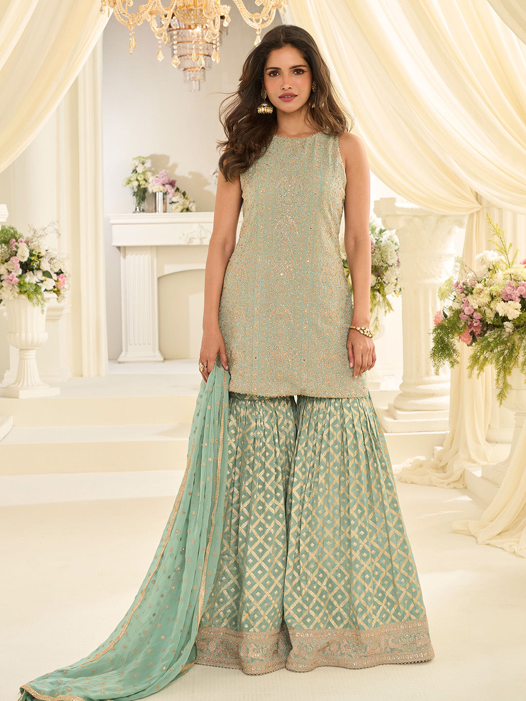 Sea Green Embroidered Georgette Kurta Sharara Dupatta