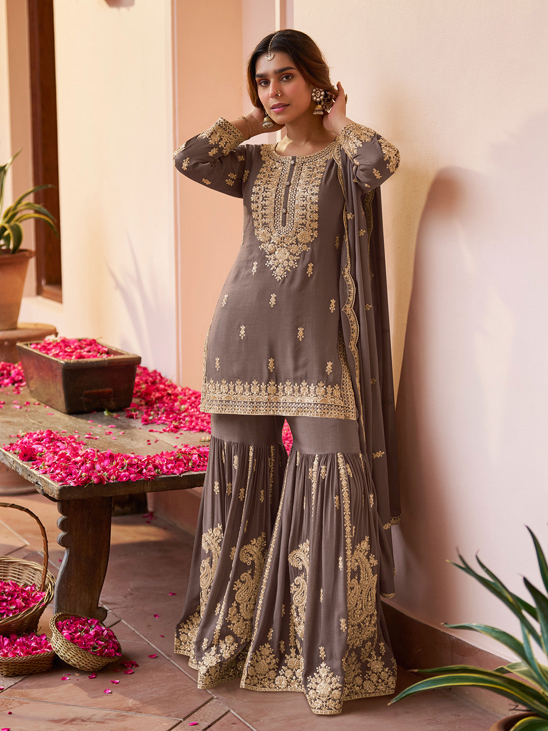 Brown Embroidered Chinnon Kurta Sharara Dupatta