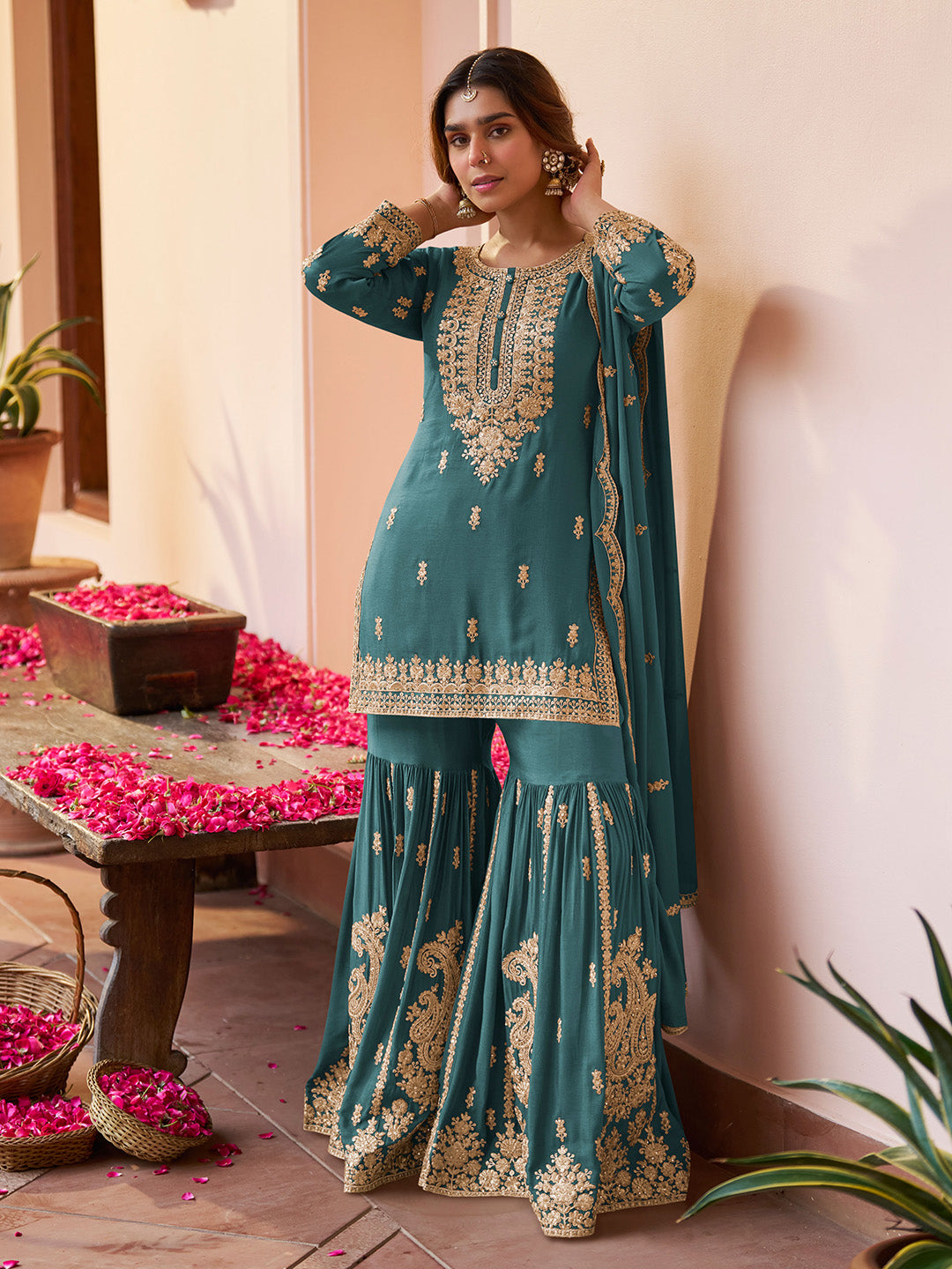 Aqua Blue Embroidered Chinnon Kurta Sharara Dupatta