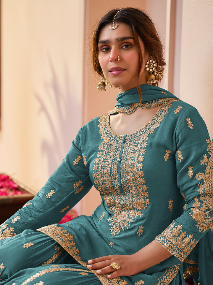Aqua Blue Embroidered Chinnon Kurta Sharara Dupatta