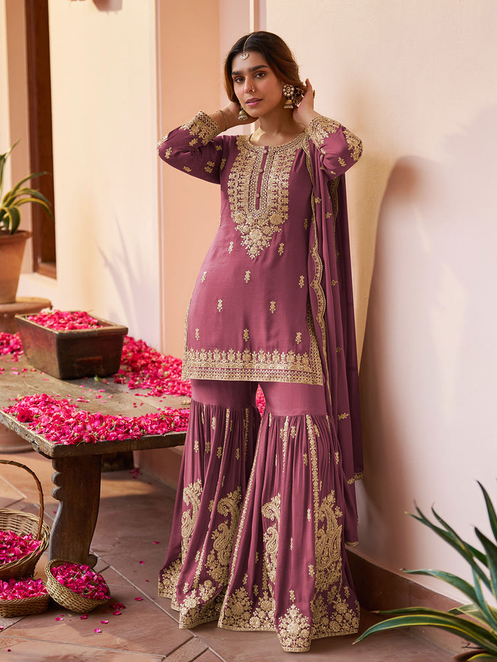 Mauve Embroidered Chinnon Kurta Sharara Dupatta