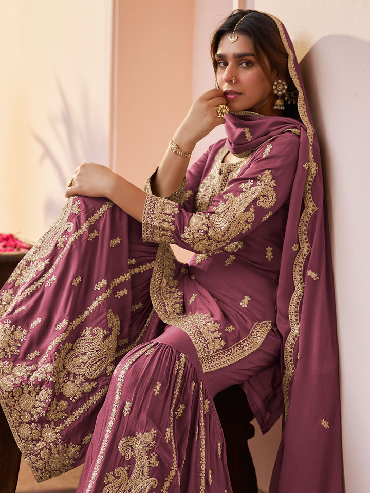 Mauve Embroidered Chinnon Kurta Sharara Dupatta