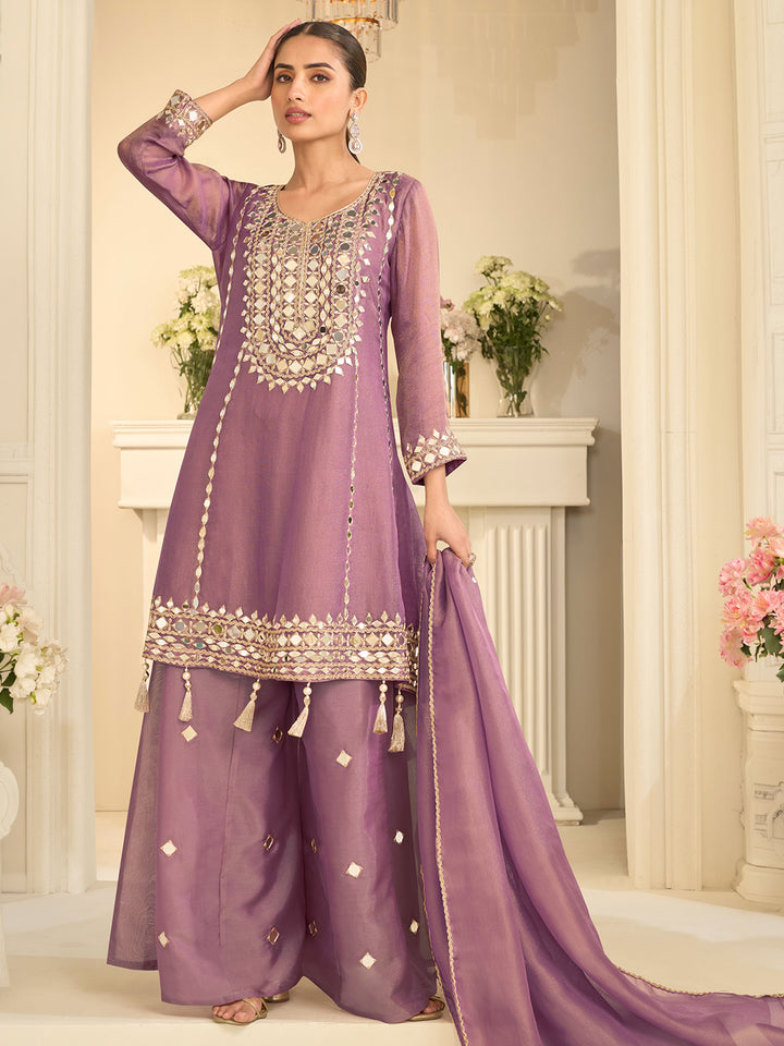 Lilac Art Silk Embroidered Kurta Palazzo With Dupatta