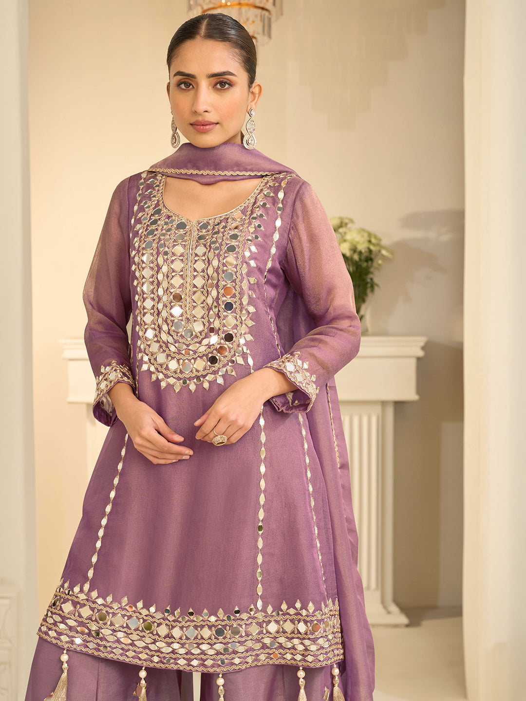 Lilac Art Silk Embroidered Kurta Palazzo With Dupatta