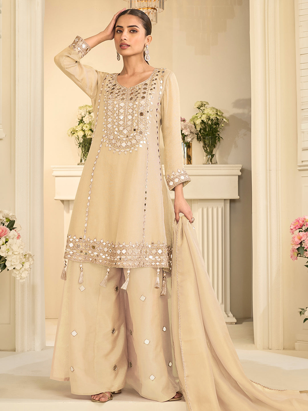 Beige Art Silk Embroidered Kurta Palazzo With Dupatta