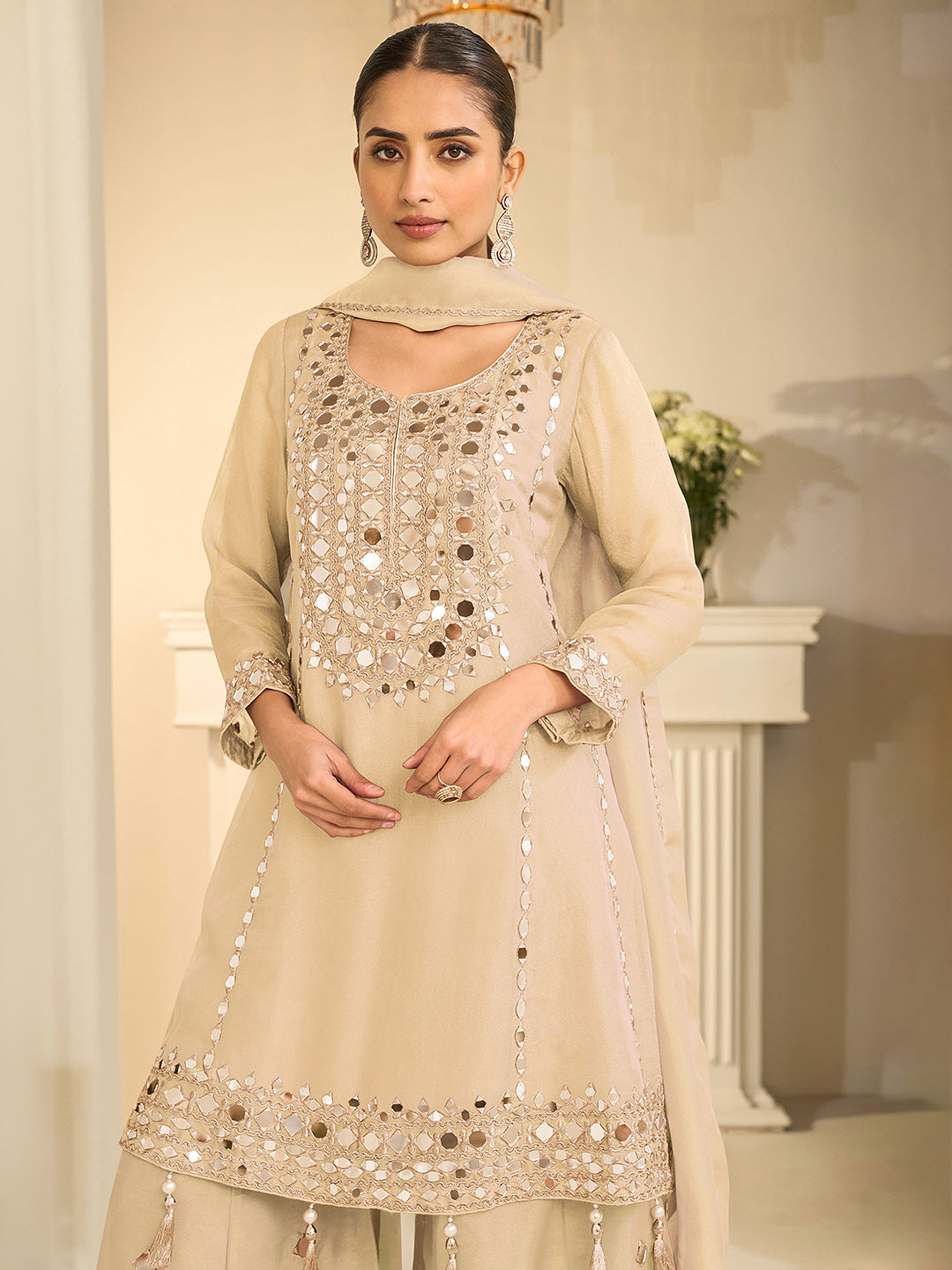 Beige Art Silk Embroidered Kurta Palazzo With Dupatta
