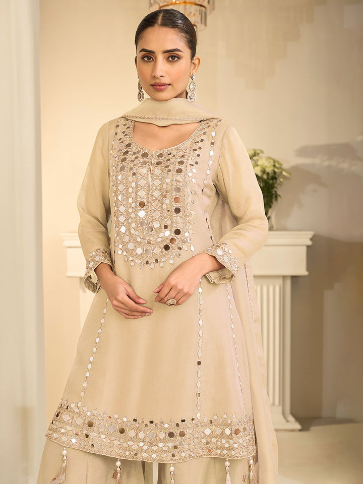 Beige Art Silk Embroidered Kurta Palazzo With Dupatta