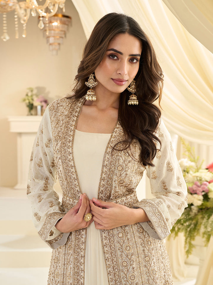 Off White Embroidered Chinnon Gown With Jacket
