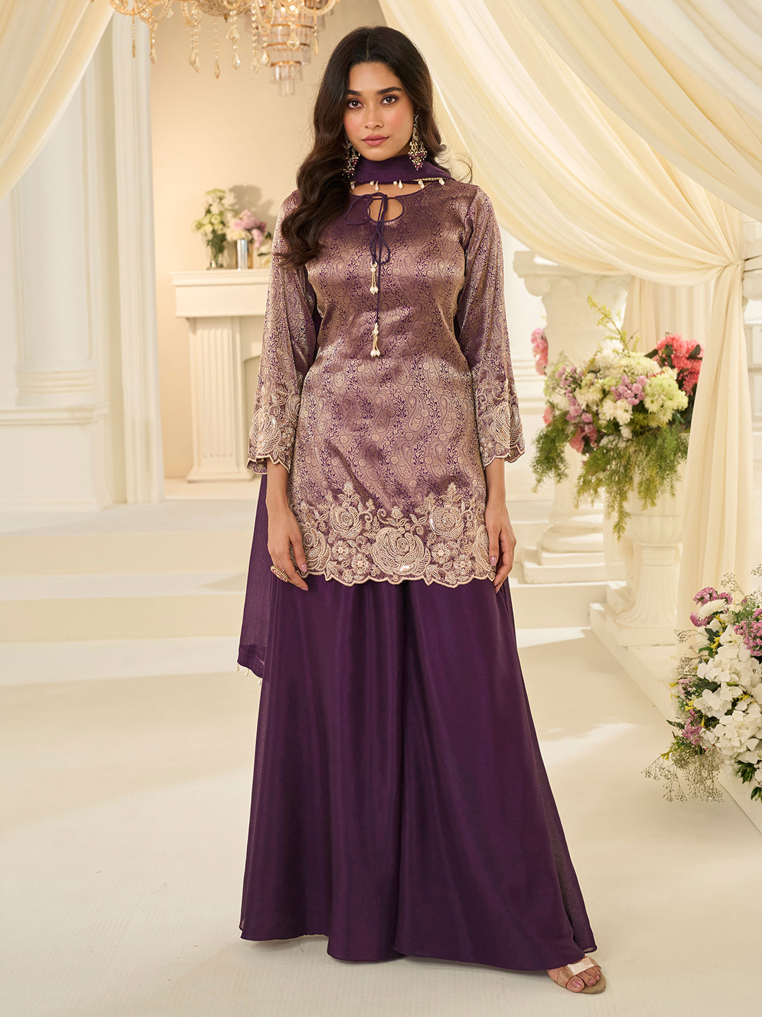 Purple Chinon Embroidered Kurta Palazzo With Dupatta