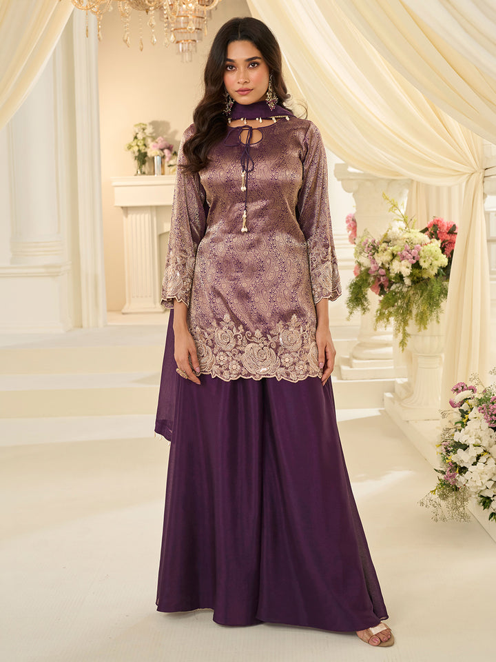 Purple Chinon Embroidered Kurta Palazzo With Dupatta