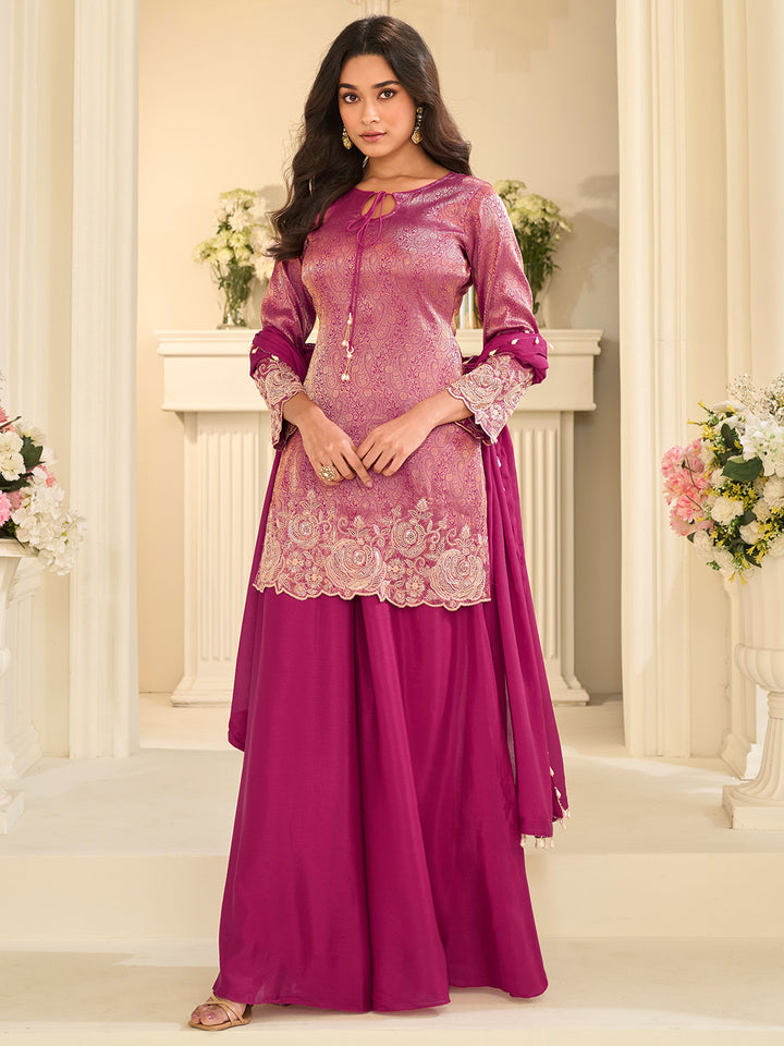 Rani Chinon Embroidered Kurta Palazzo With Dupatta