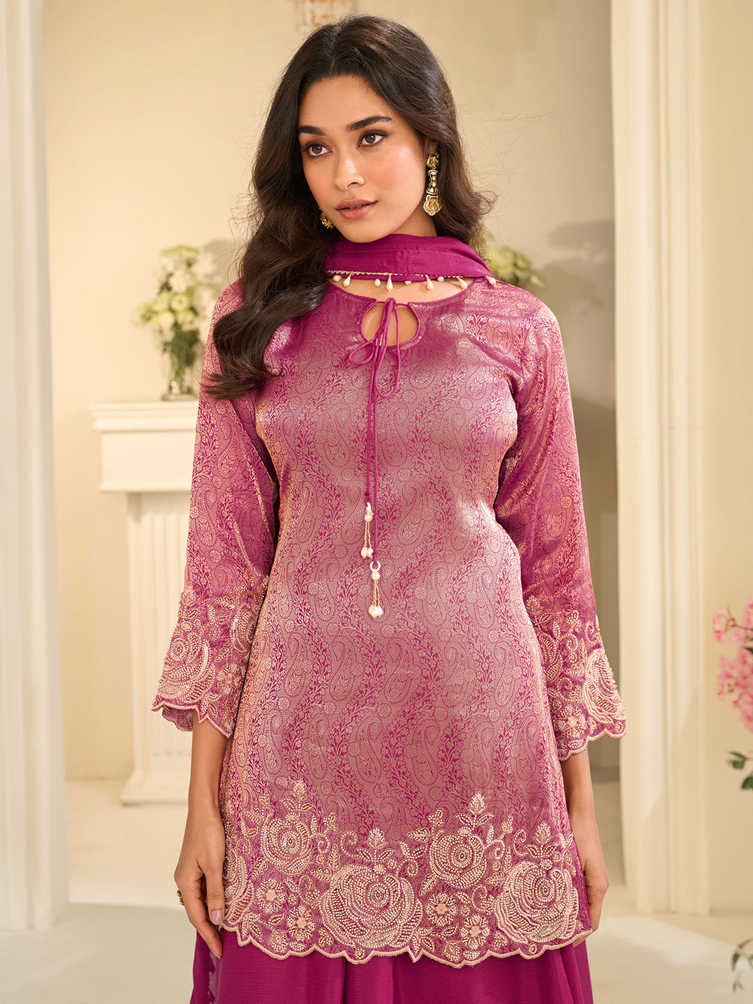 Rani Chinon Embroidered Kurta Palazzo With Dupatta