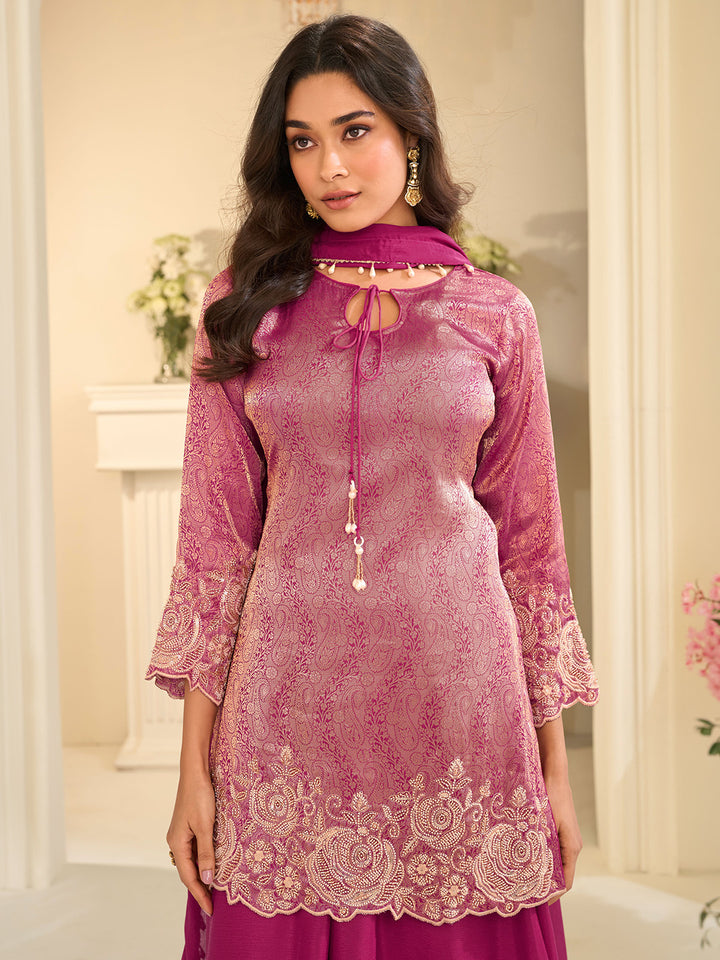 Rani Chinon Embroidered Kurta Palazzo With Dupatta