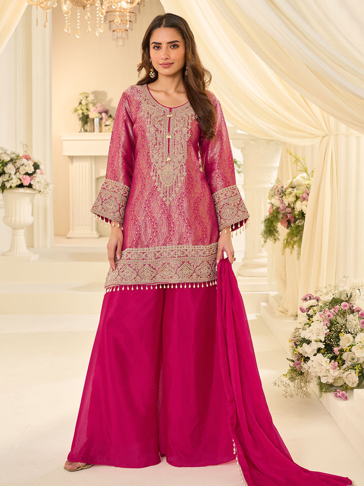Rani Chinon Embroidered Kurta Palazzo With Dupatta