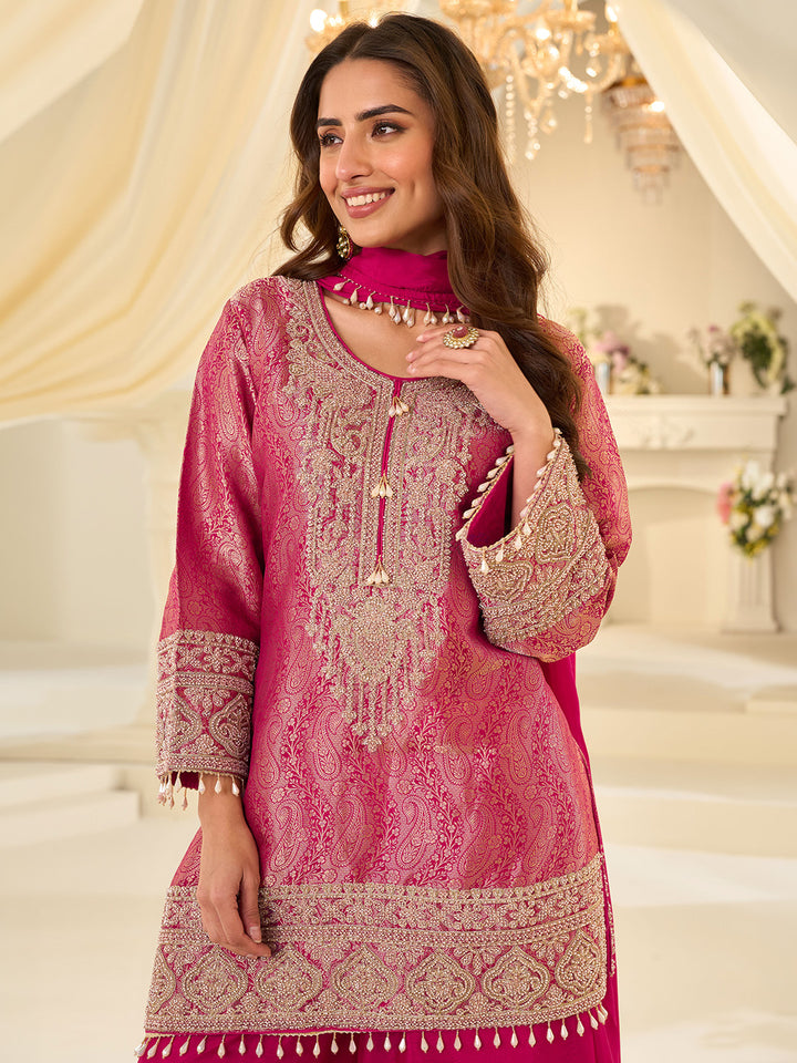 Rani Chinon Embroidered Kurta Palazzo With Dupatta