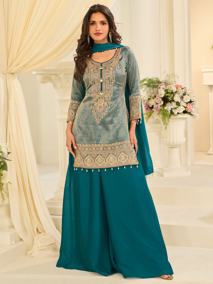 Turquoise Chinon Embroidered Kurta Palazzo With Dupatta
