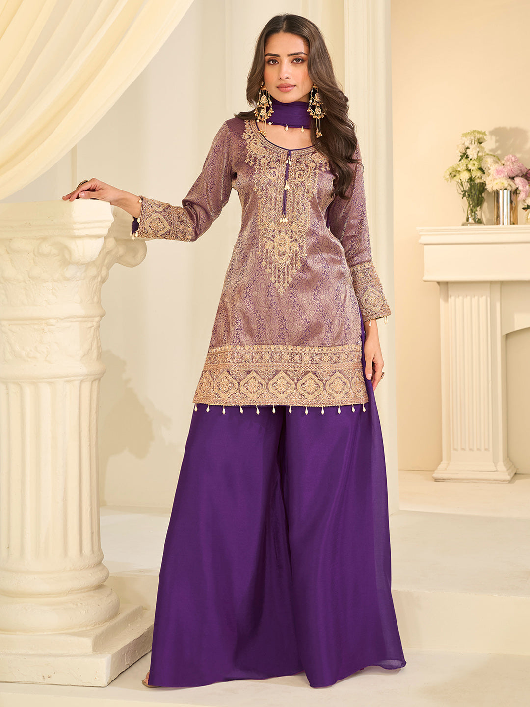 Purple Chinon Embroidered Kurta Palazzo With Dupatta
