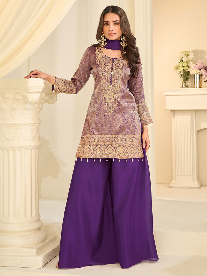 Purple Chinon Embroidered Kurta Palazzo With Dupatta
