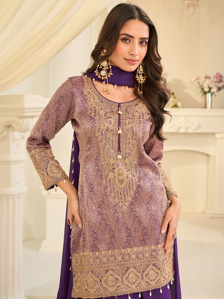 Purple Chinon Embroidered Kurta Palazzo With Dupatta