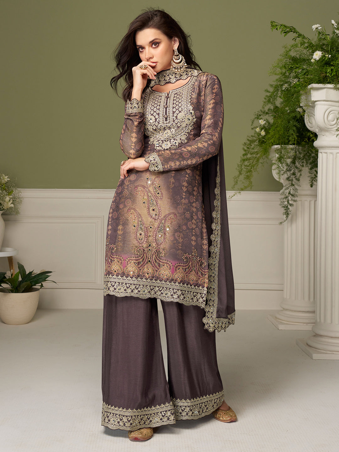 Grey Chinon Embroidered Kurta Palazzo With Dupatta