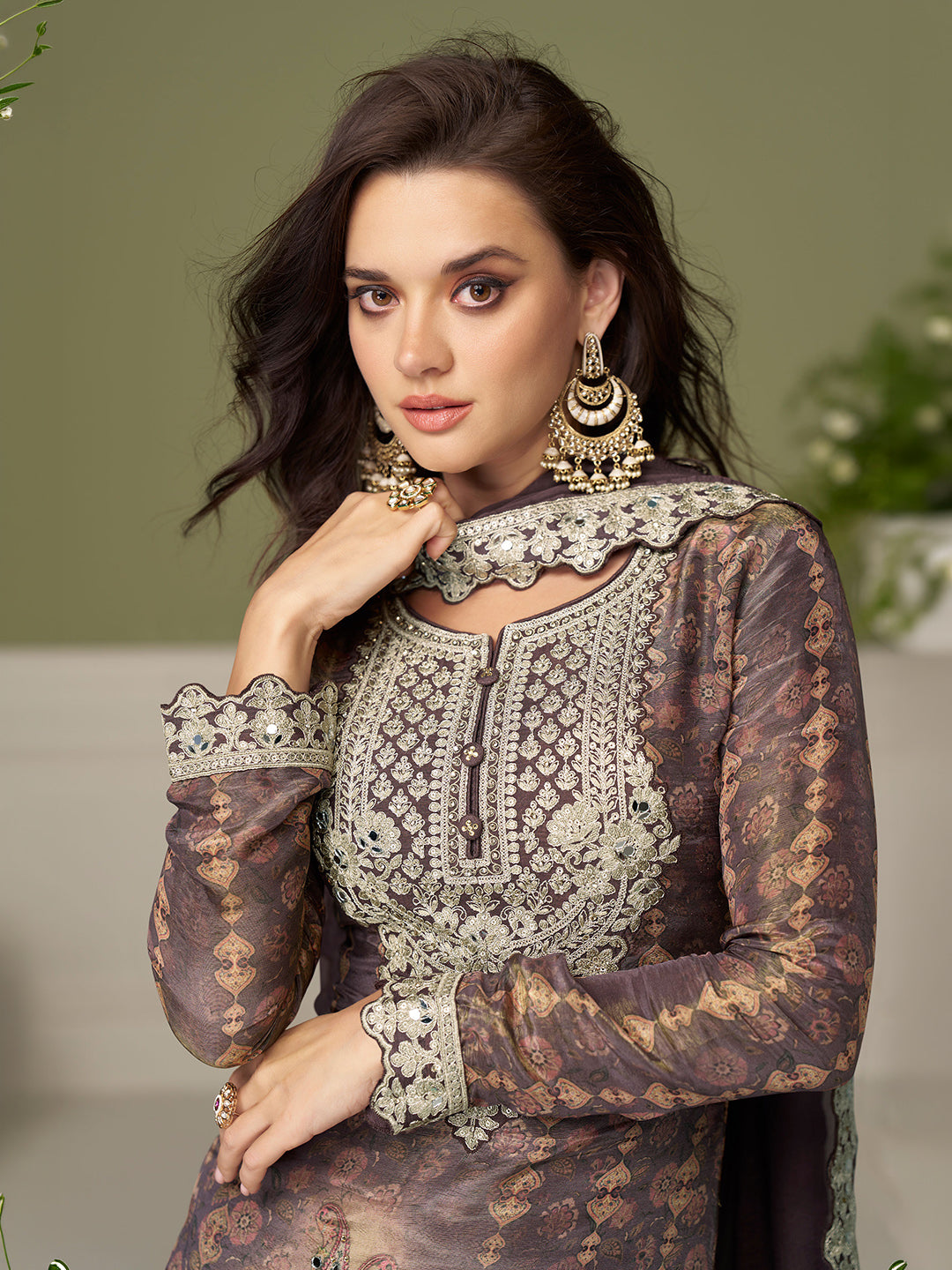Grey Chinon Embroidered Kurta Palazzo With Dupatta