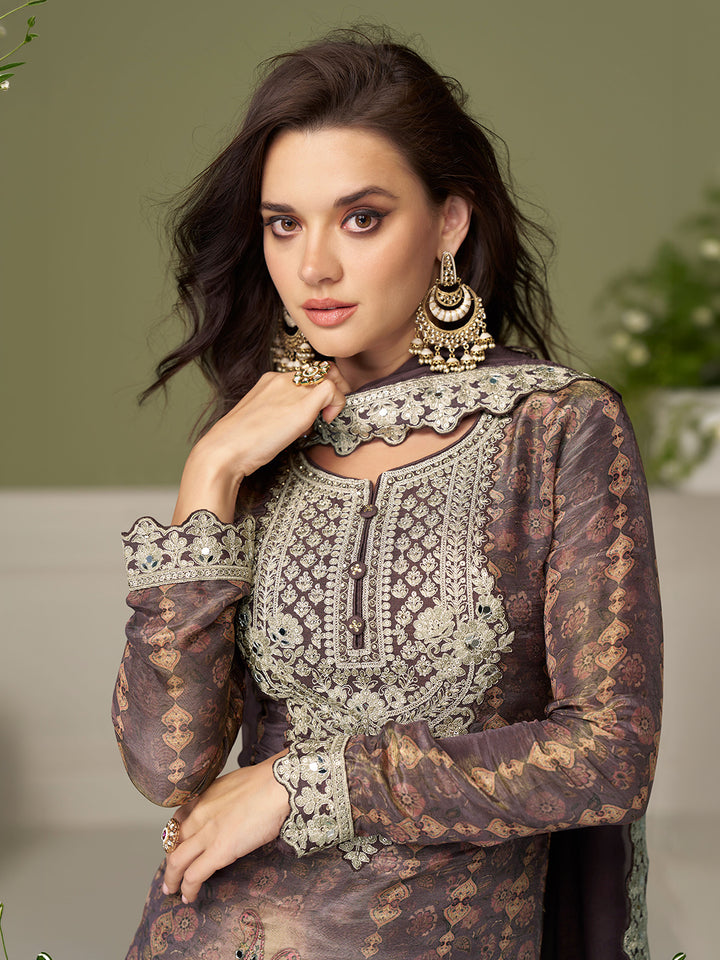 Grey Chinon Embroidered Kurta Palazzo With Dupatta
