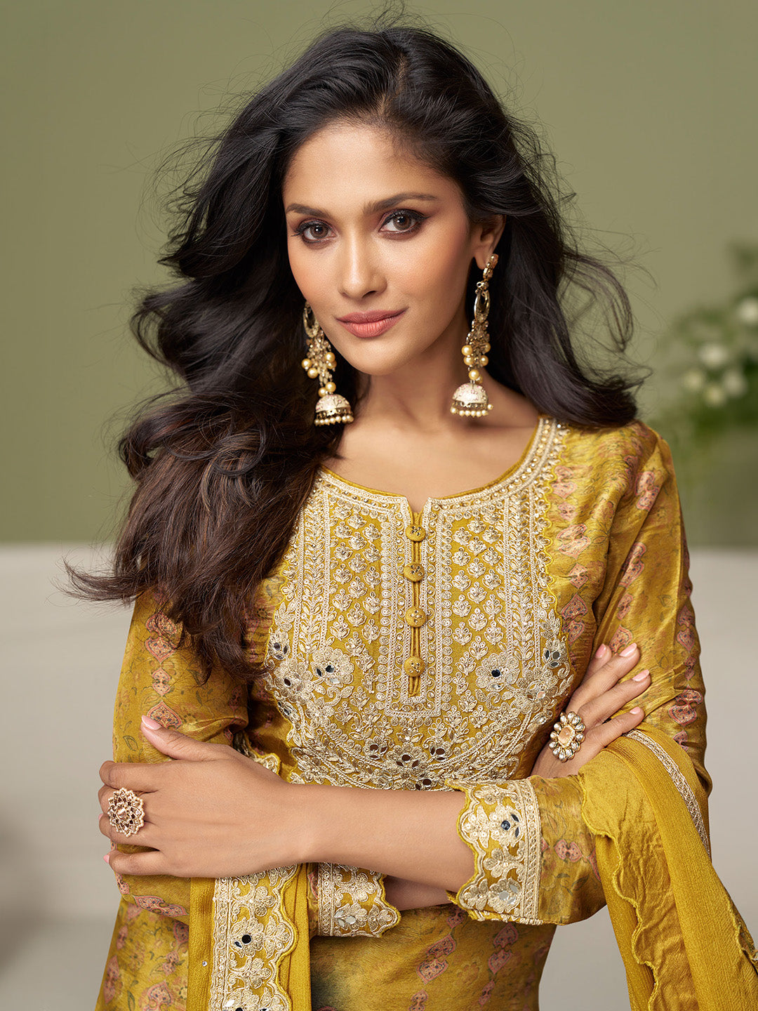 Mustard Chinon Embroidered Kurta Palazzo With Dupatta