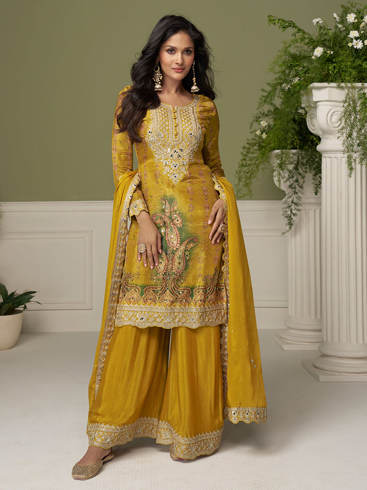 Mustard Chinon Embroidered Kurta Palazzo With Dupatta