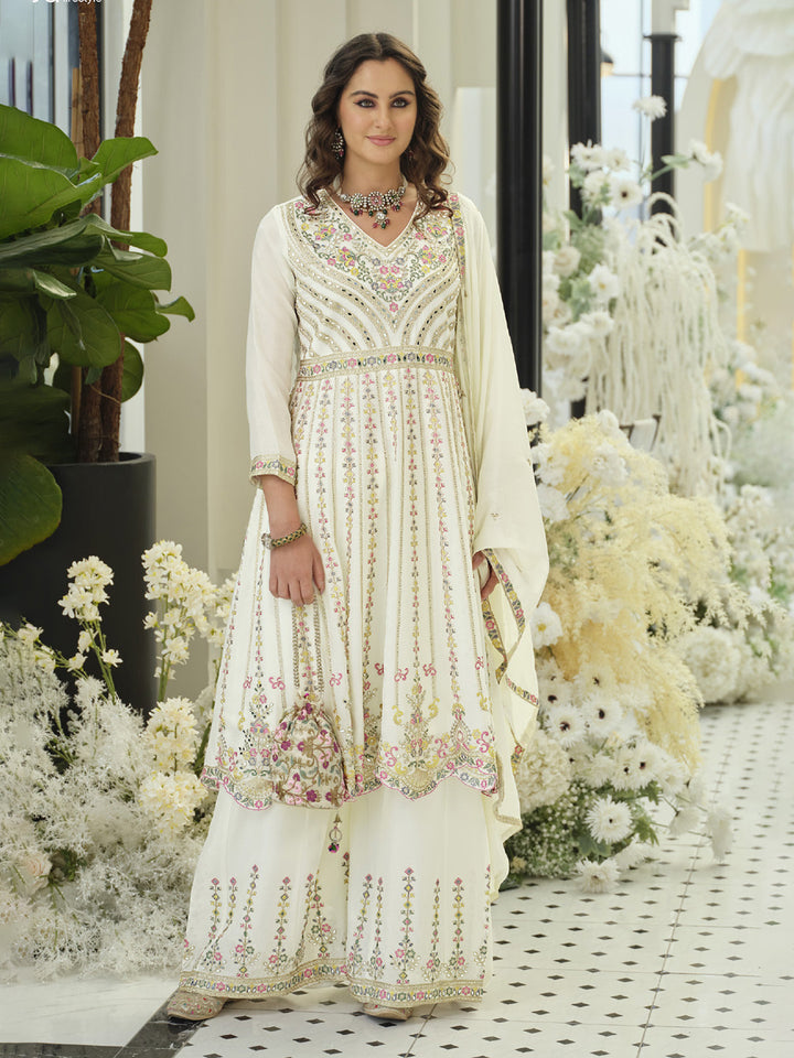 White Embroidered Chinnon Kurta Palazzo Dupatta