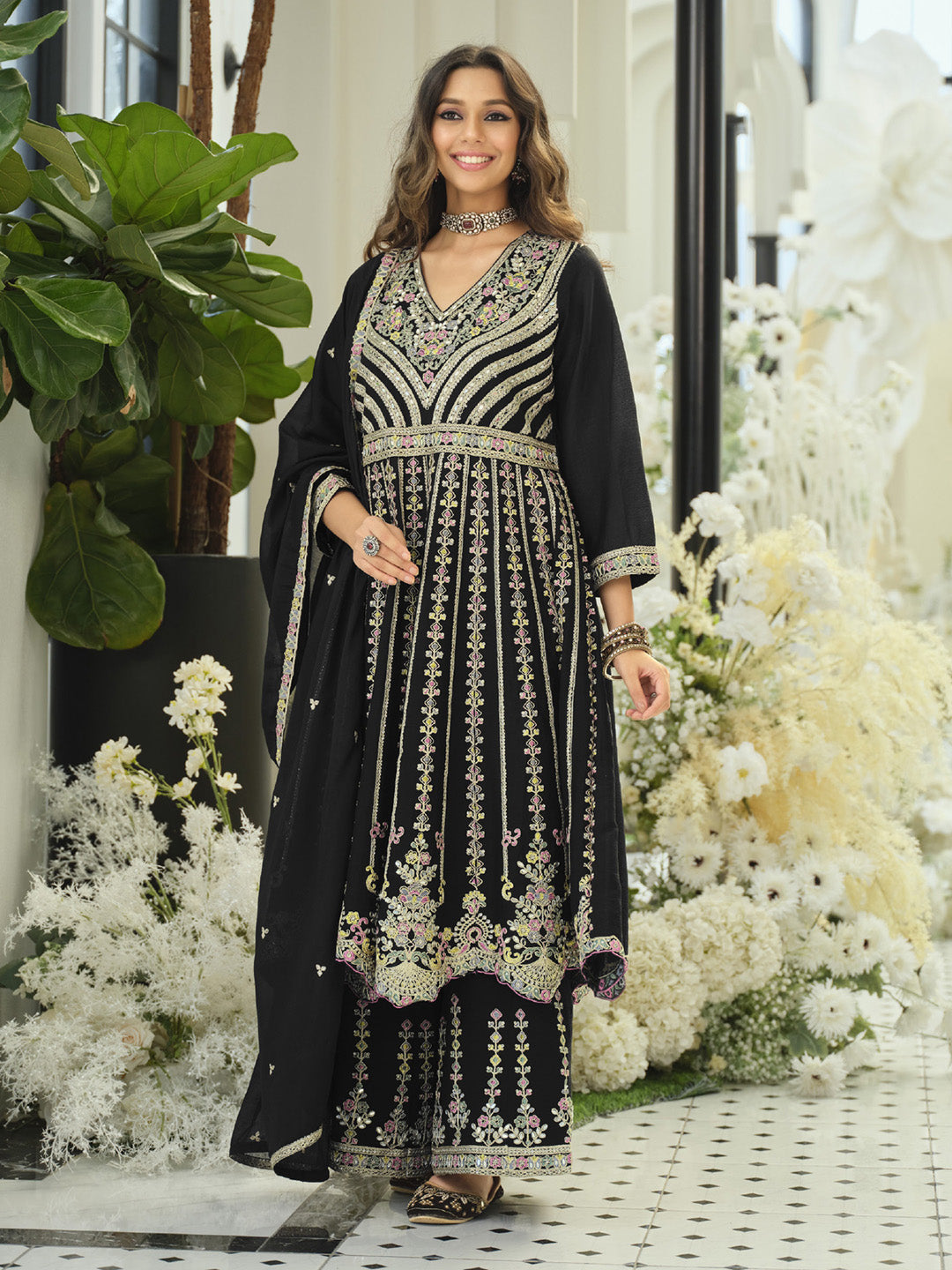 Black Embroidered Chinnon Kurta Palazzo Dupatta