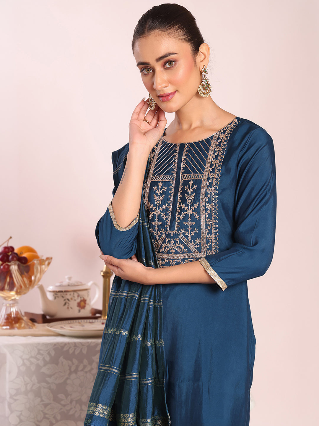 Blue Embroidered Art Silk Kurta Pant with Dupatta