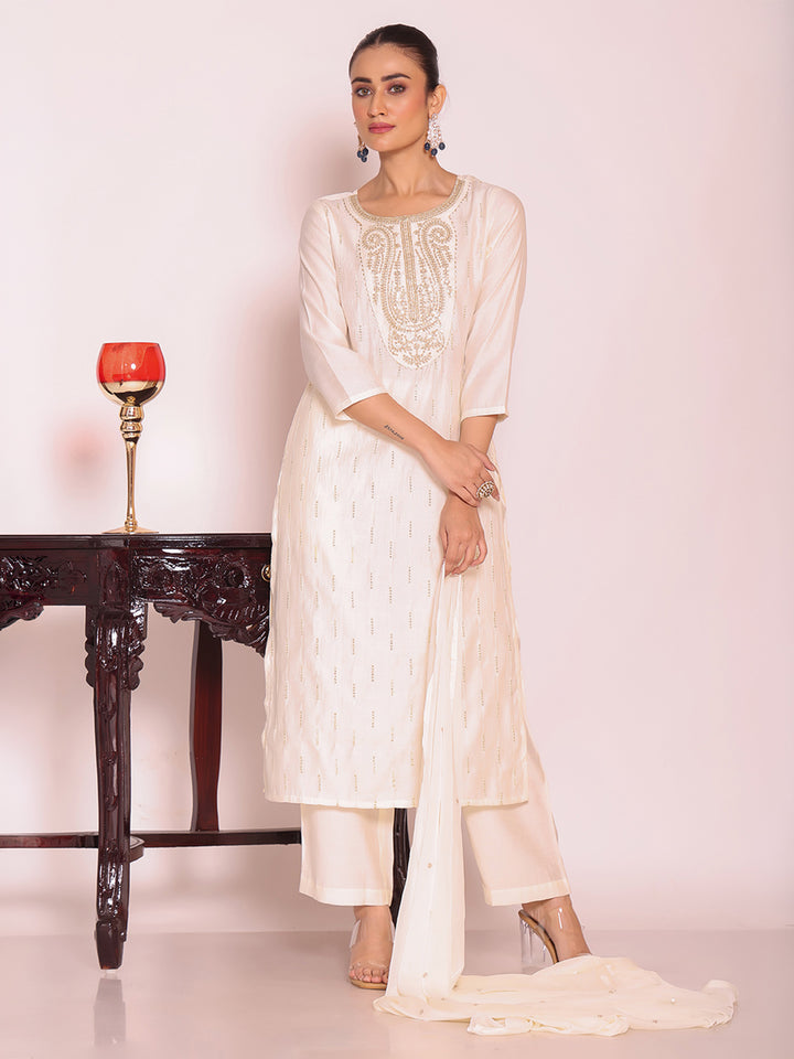 Off White Embroidered Art Silk Kurta Pant with Dupatta