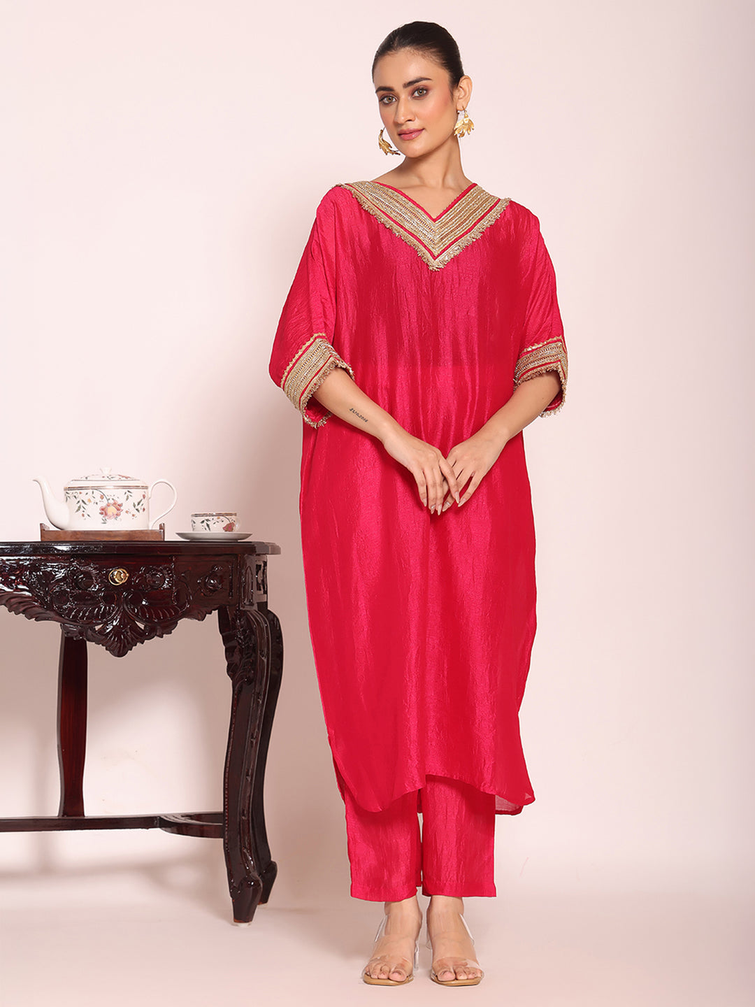Rani Embroidered Art Silk Kurta Pant with Dupatta