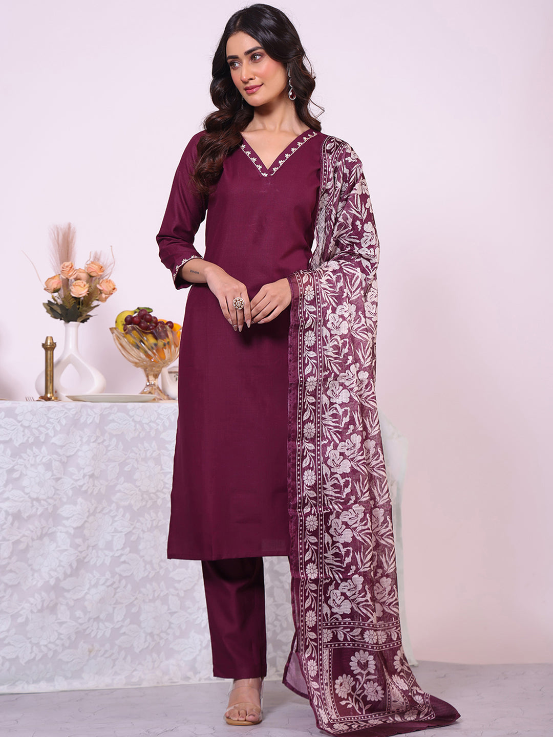 Wine Embroidered Art Silk Kurta Pant with Dupatta