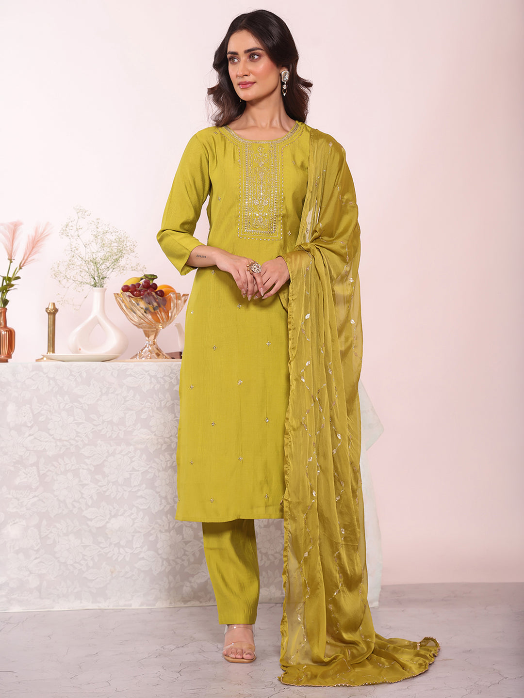 Olive Green Embroidered Art Silk Kurta Pant with Dupatta