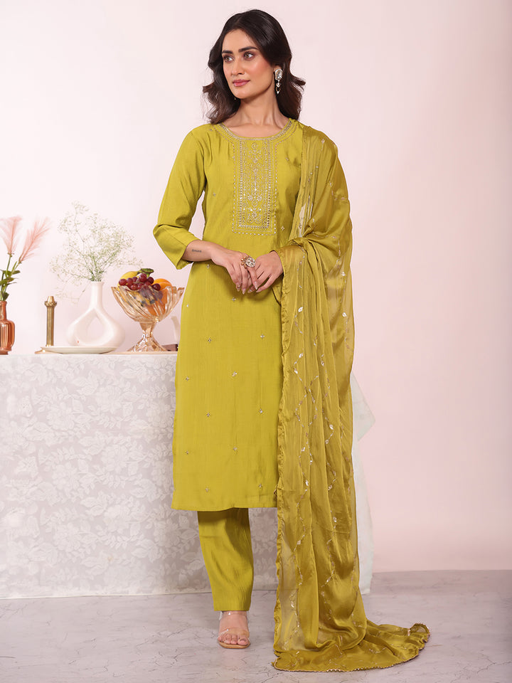 Olive Green Embroidered Art Silk Kurta Pant with Dupatta