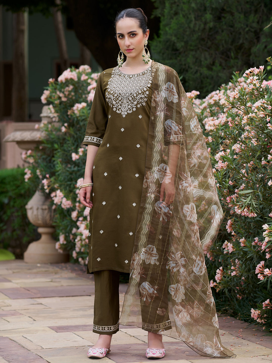Mehndi Embroidered Art Silk Kurta Pant with Dupatta