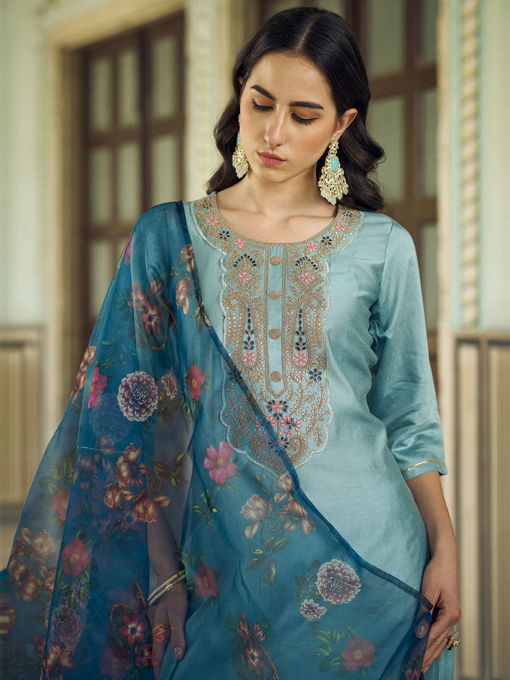 Blue Embroidered Art Silk Kurta Pant with Dupatta