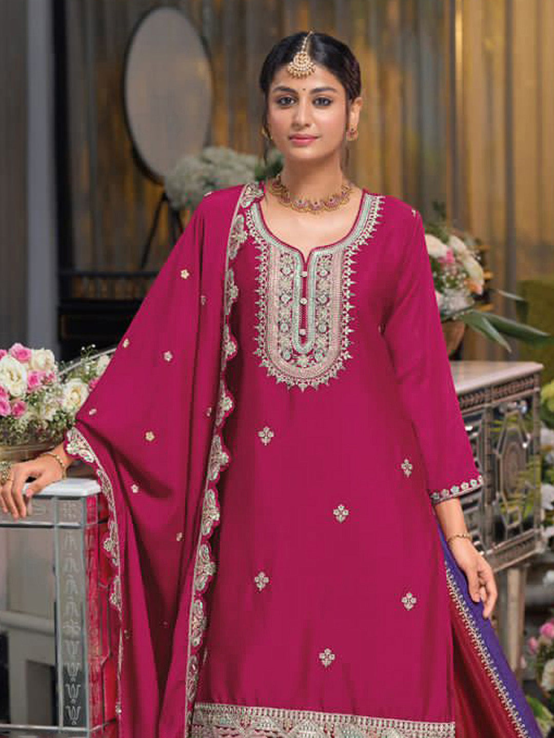 Hot Pink Embroidered Chinnon Kurta Lehenga Dupatta