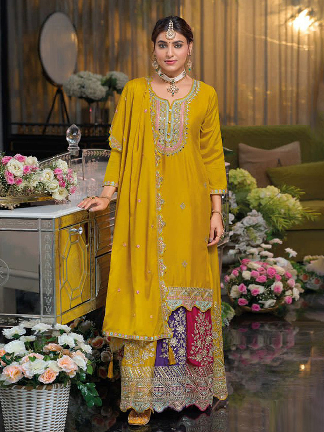 Yellow Embroidered Chinnon Kurta Lehenga Dupatta