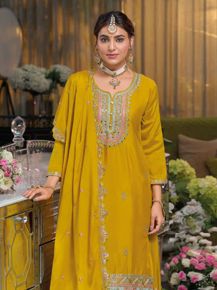 Yellow Embroidered Chinnon Kurta Lehenga Dupatta