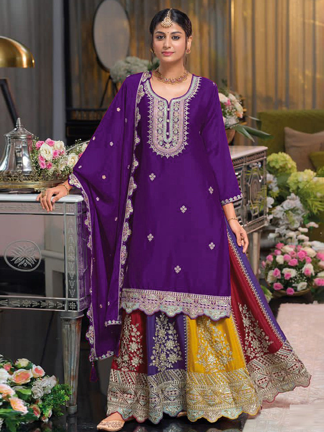 Purple Embroidered Chinnon Kurta Lehenga Dupatta