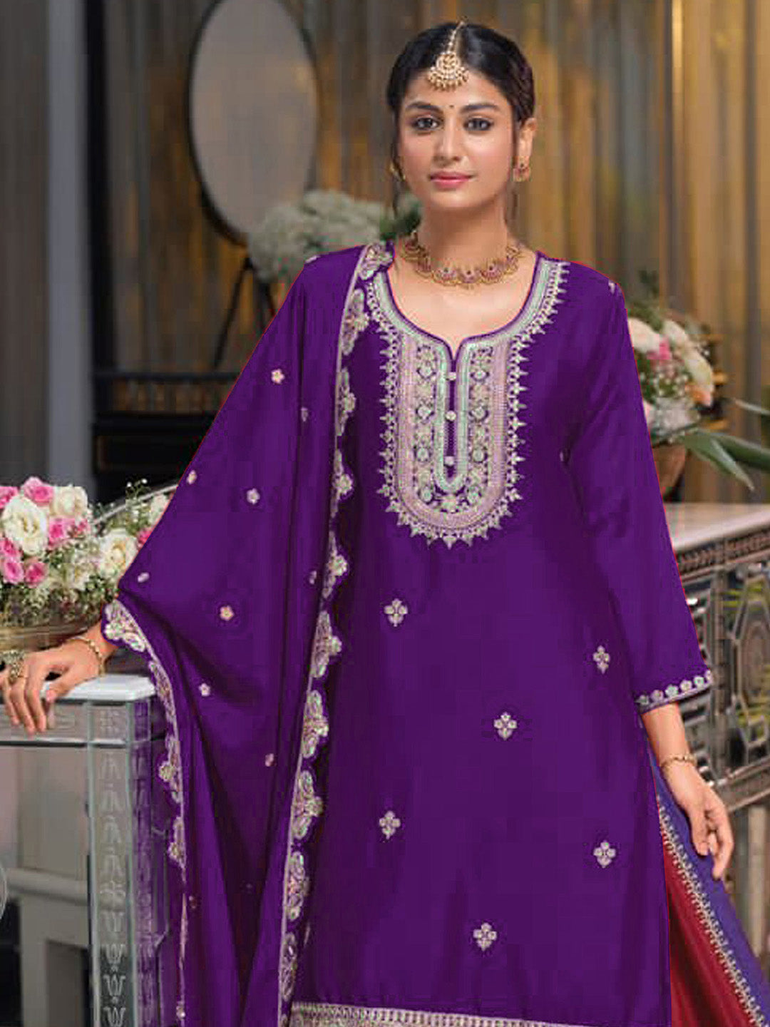 Purple Embroidered Chinnon Kurta Lehenga Dupatta