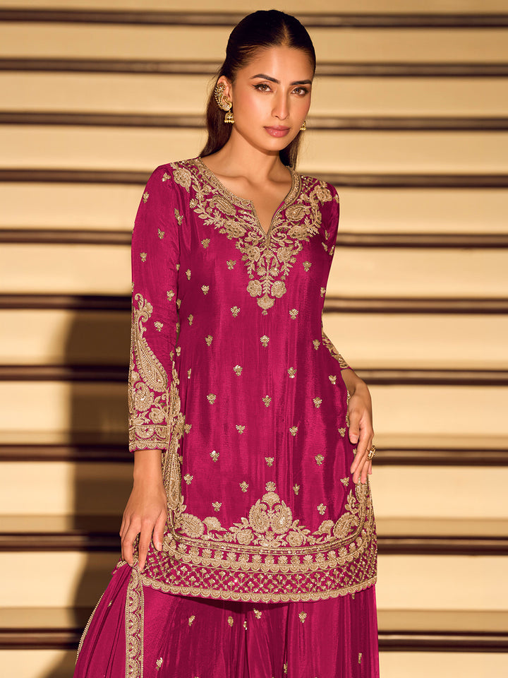 Rani Chinon Embroidered Kurta Sharara With Dupatta